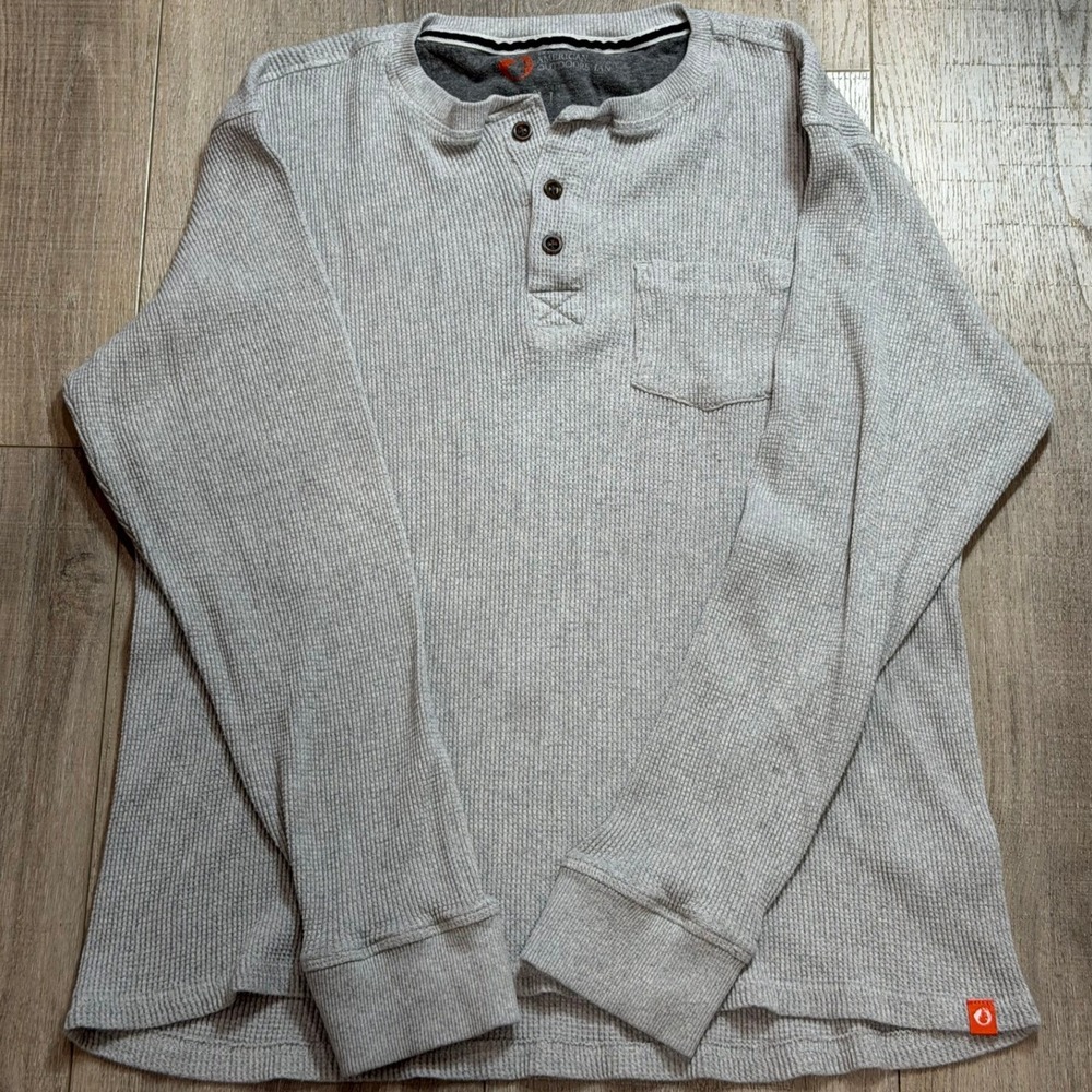 American Outdoorsman Mens L Gray Waffle Knit Henley Long Sleeve Thermal